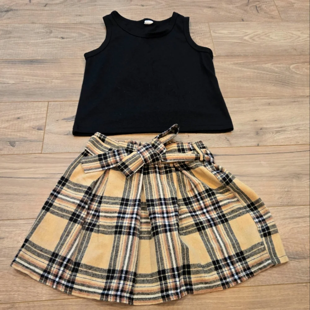 Girls Preppy Black Tank Top & Plaid Pleated Belted Skirt Outfit‎ Size 5-6
